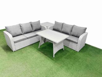 Fimous Rattan High Back Lounge Sofa Set with 3 Seater Sofa Side Table in Light Grey