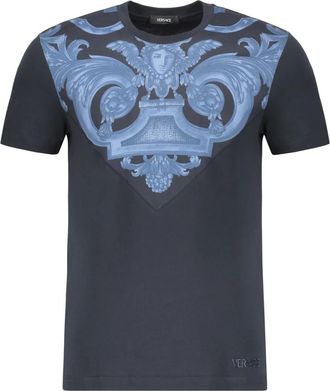 Versace Geribbelde katoenen T-shirt met print op de voorkant - Heren - T-shirts - Blauw - XL - Katoen - Tops