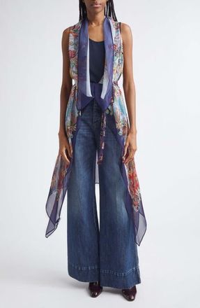 Etro Scarf Print Long Silk Vest in Print On Pale Blue Base at Nordstrom