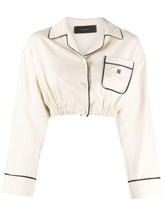 Amiri logo-embroidered satin-finish cropped shirt - Neutrals