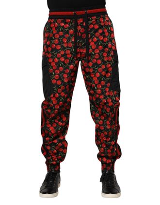 Dolce & Gabbana Black Red Cherry Print Men Sweatpants Pants And Nylon