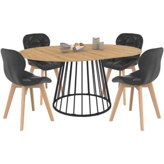 IDMarket Set tavolo da pranzo rotondo allungabile YUNA con piano in legno e gamba in filo metallico 110-150 cm e 4 sedie ROBINE PU nere
