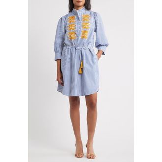 Julia Jordan Embroidered Tie Waist Long Sleeve Dress in Navy Ivory at Nordstrom Rack, Size X-Large