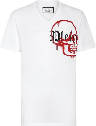 Philipp Plein T-shirt V-Hals SS Graffiti met Kristallen - Heren - T-shirts - Wit - 4XL - Katoen - Tops