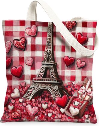 Generic Valentines Day Hearts Canvas Tote Bags, Paris Tower Pattern Reusable Grocery Bags, Lightweight Washable Shoulder Strap Canvas for Shopping Picnic Trav
