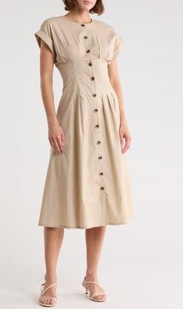 Calvin Klein Pintuck Fit and Flare Shirtdress in Khaki at Nordstrom Rack, Size 12