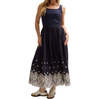 Lily And Lionel Cora Sleeveless Jersey Bodice Embroidered Midi Dress in Navy at Nordstrom, Size 10