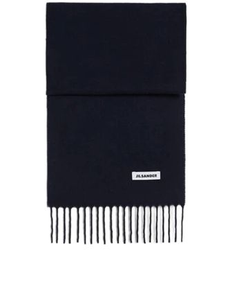Jil Sander Solid Black Fringed Ends Scarf