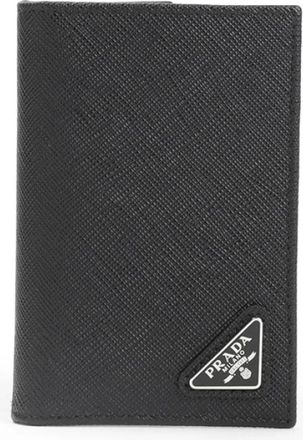 Prada Zwarte leren kaarthouder met handtekeninglogo - Heren - Portefeuilles - Zwart - ONE Size - Leer - Accessoires