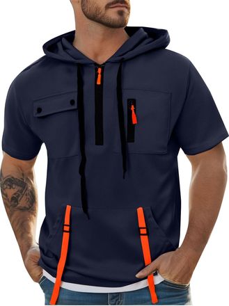 Generic Hooded Sweatshirts for Men UK Quarter Zip Short Sleeve with Adjustable Hood Pullover with Front Pockets Breathable Mesh Top Lightweight Running Fashio