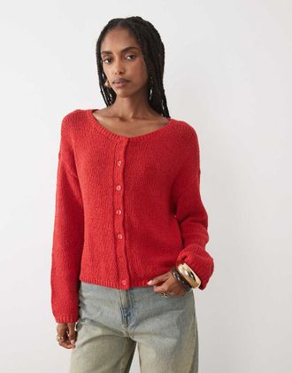 Abercrombie & Fitch Cardigan micro in maglia leggera rossa con bottoni-Rosso