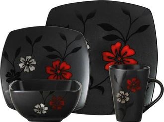 Gibson Home 16-Piece Evening Blossom Dinnerware Set in Black And Red at Nordstrom