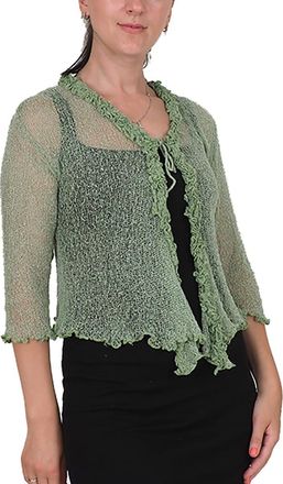 Mimosa Ladies Frill Cardigan Tie Up Crochet Plain Stretch Fish Net Bolero Apple Green