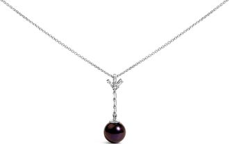 House of Brilliance 925 Sterling Silver 8mm Black Pearl and Created White Sapphire Pendant Pendant Necklace