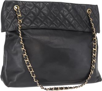 Chanel Chain Tote Leather Black Leather Handbag (Pre-Owned)