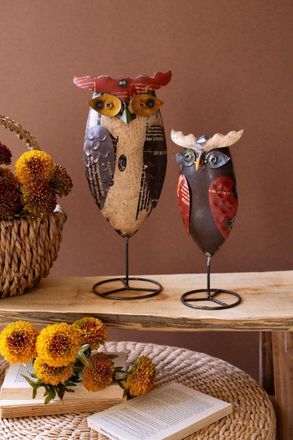 Kalalou Set Of Two Recycled Iron Owls On Stands