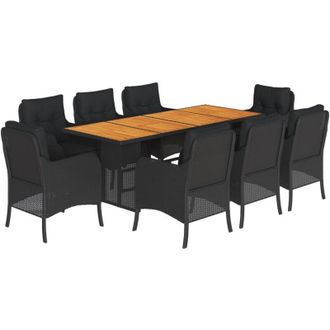 vidaXL Set De Comedor De Jard&iacute;n 9 Pzas Y Cojines Rat&aacute;n Sint&eacute;tico Negro Vidaxl