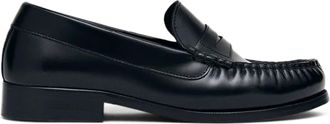 Alohas Penny Strap Black Leather Loafers with Moccasin Stitching
