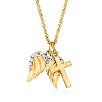 Ross-Simons 14kt Yellow Gold Cross and Angel Wings Pendant Necklace With Diamond Accents