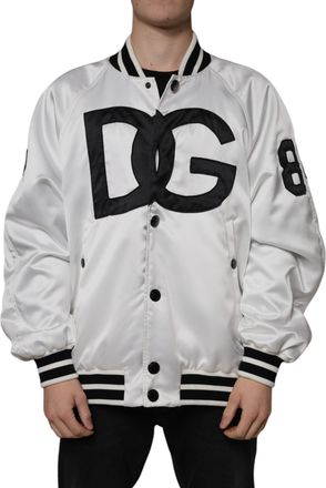 Dolce & Gabbana Mens White Polyester Logo Full Zip Bomber Jacket Black And Clothing