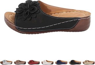 Generic Womens Wide Fit Wedge Mules Flower Leather Sandals Women Slip On Walking Slippers Wide Fitting Shoes For Summer Beach Holiday Footwear Lightweight Com