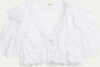 Chlo&eacute; Ruffled Eyelet Cotton Puff-Sleeve Crop Top