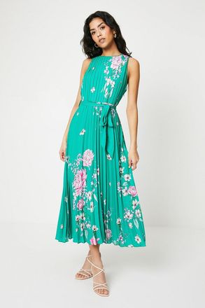 Oasis Womens Petite Green Floral Pleated Belted Midi Dress - Size 16 UK