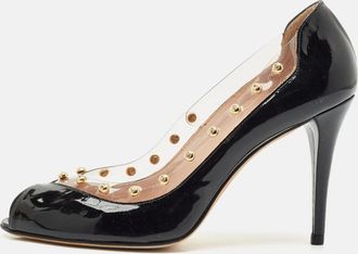 Stuart Weitzman Black Patent Leather And Pvc Studded Peep Toe Pumps