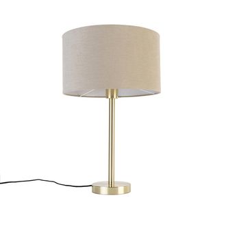 QAZQA Dise&ntilde;o L&aacute;mpara De Mesa Cl&aacute;sica De Lat&oacute;n Con Pantalla Marr&oacute;n Claro 35 Cm - Simplo Acero /textil Redonda Adecuado Para Led Max. 1 X 40 Watt - Qazqa