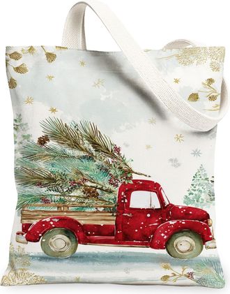 Generic Christmas Truck Canvas Tote Bags, Holiday Pickup Design Reusable Grocery Bags, Winter Lightweight Washable Canvas for Shopp, Red, 13x15 Inch