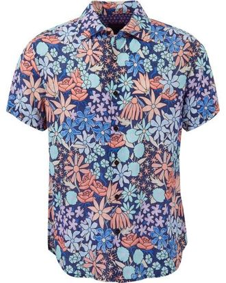 Lords of Harlech Rough Floral Short Sleeve Fine Linen Shirt in Rough Floral Navy at Nordstrom, Size Xx-Large