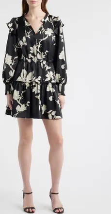 Chelsea28 Floral Long Sleeve Tiered Chiffon Minidress in Black- Ivory Toile at Nordstrom, Size Xx-Small