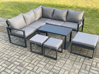 Fimous Aluminium Outdoor Garden Furniture Set Lounge Sofa Coffee Table Sets with 3 Footstools Indoor Conservatory Set Dark Grey