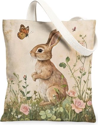 Generic Spring Floral Canvas Tote Bags, Rabbit Butterfly Design Reusable Grocery Bags, Vintage Nature Lightweight Washable Shoulder, Beige, 13x15 Inch