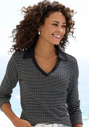 Vivance Langarm-Poloshirt VIVANCE aus strukturierter Strickqualit&auml;t, Damen, Gr. 32/34, schwarz, creme, Strick, Obermaterial: 75% Baumwolle, 25% Polyester, gem