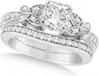 Allurez Princess Diamond Butterfly Bridal Ring Set 14k White Gold (1.21ct)
