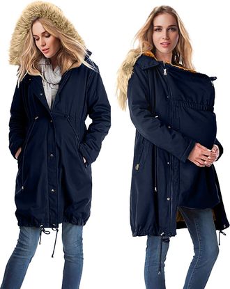 Generic Maternity Winter Coat Womens Fleece Zip Up 3 in 1 Maternity Baby Wearing Hoodie Sweatshirt Jacket Ladies Thicken Quilted Lined Warm Hooded Outwear Coa