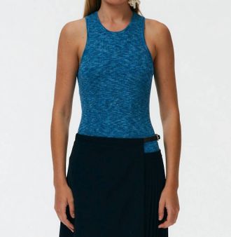 Tibi Printed Combed Cotton Ribbed Sweater Tank In Ocean Blue Multi
