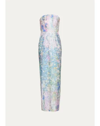 Pamella Roland Strapless Printed Sequin Column Gown