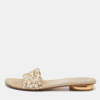 Stuart Weitzman Beige Textured Suede Studded Thong Slides