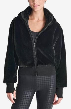 DKNY Faux Fur Zip Jacket with Removable Hood in Black at Nordstrom Rack, Size X-Large