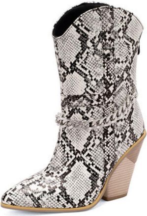 Generic Womens Chunky High Heel Western Booties Pointed Toe Short Boots with Back Zipper PU Leather Cowboy Boots with Metal Chain,Snake Print,3.5 UK