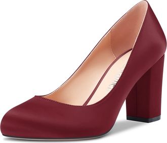 Castamere Women Chunky Block High Heel Round Toe Slip-on Pumps Court Shoe Wedding Party Dress 8 CM Heels Shoes Burgundy Wine Red Satin 6 UK
