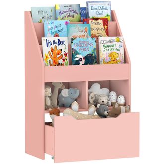 OEM Estanter&iacute;a Infantil De Madera Con 3 Compartimentos 2 Cubos Y Caj&oacute;n M&oacute;vil Con 4 Ruedas 60x29,9x90 Cm Rosa
