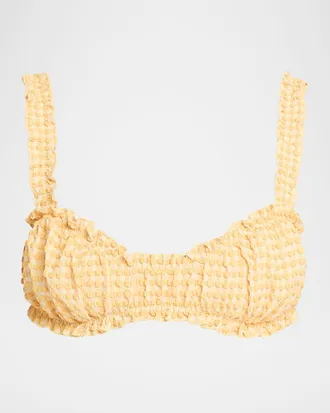 SIMKHAI Evander Ruched Gingham Seersucker Bikini Top