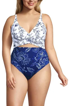 Lands End Wrap Monokini High Leg One Piece Swimsuit in White/blue Vintage Floral Mix at Nordstrom, Size 16W