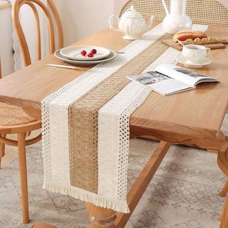 OEM Camino De Mesa De Lino, Lino De Algod&oacute;n, Estilo Bohemio, Suave, Con Borlas, Lavable, Estilo R&uacute;stico, Color Blanco Y Caf&eacute;. 30220