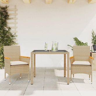 vidaXL Set Comedor Jard&iacute;n 3 Pzas Cojines Rat&aacute;n Sint&eacute;tico Vidrio Beige Vidaxl