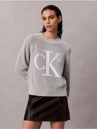 Calvin Klein Jeans Calvin Klein Womens Smooth Cotton Monogram Rib Classic Sweater - Grey - XS