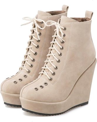 Generic Womens Winter Ankle Boots Platform Round Toe Wedge Heel Pumps Shoes for Casual and Party Daily Wear (Beige,7.5)